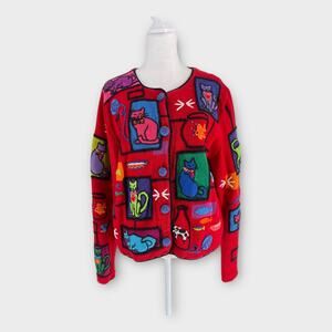 Michael Simon 1998 Vintage Colorful Art Cat Cardigan Sweater Large